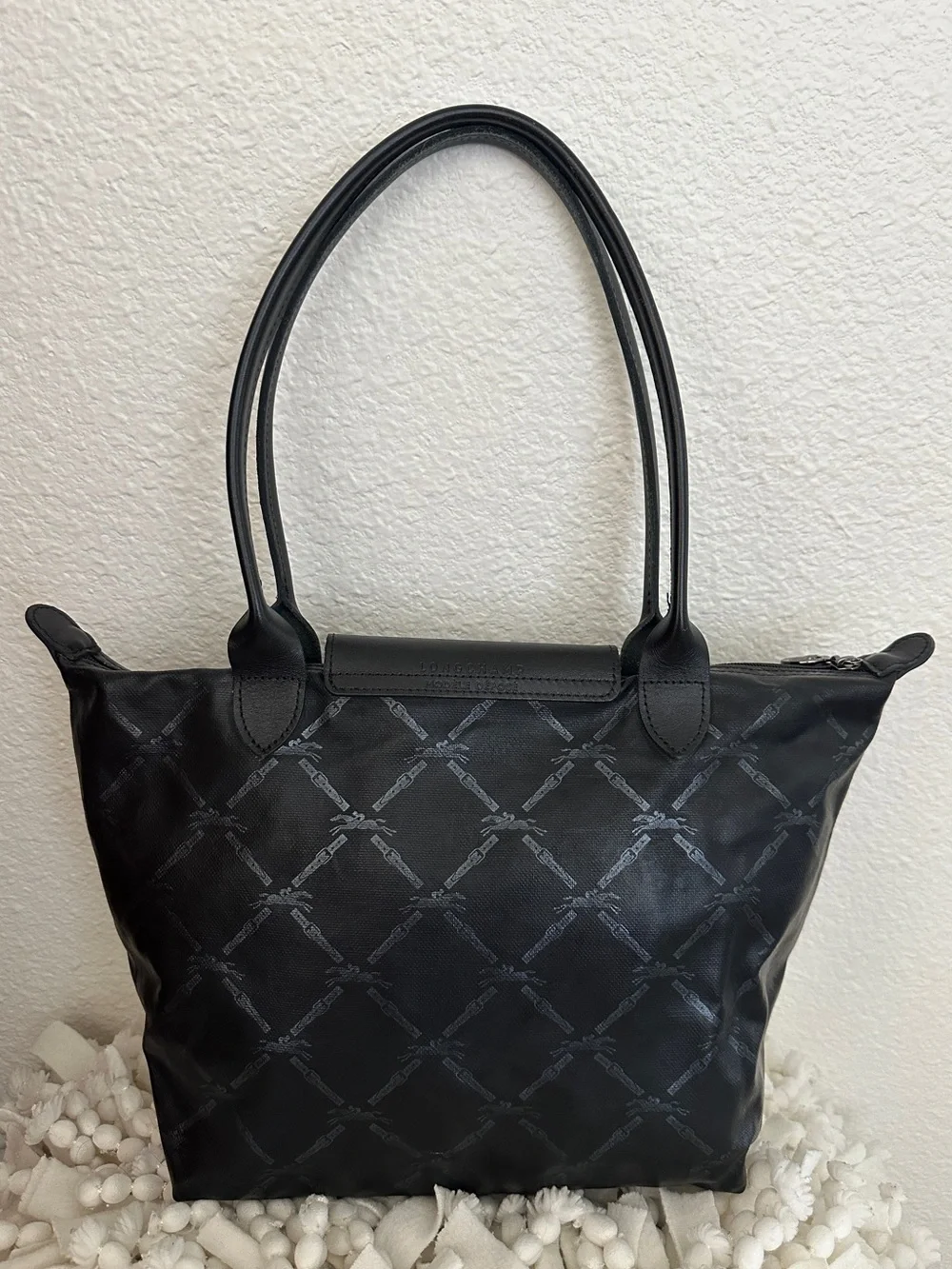 LONGCHAMP Le Pliage S Coated Canvas Horse Pattern Tote Bag Black Small - Picture 3 of 14